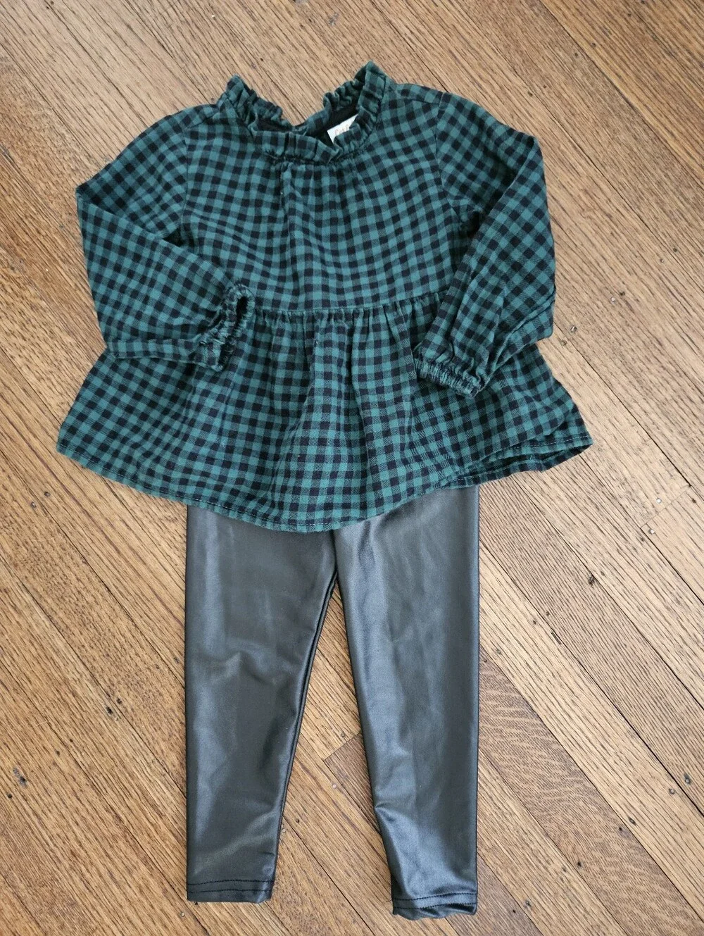 Green & Black Buffalo Check BabyDoll Top + Faux Leather Leggings | Cat & Jack |